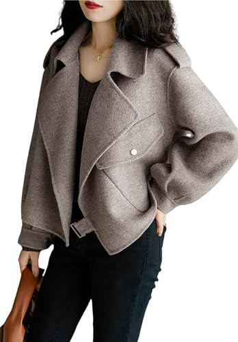 utcoco Women Cropped Wool Coats Notched Lapel Pea Coat Open Front Trench Overcoat Jackets with Pockets (X-Large, Khaki) | Amazon (US)
