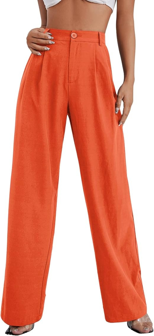 SweatyRocks Women's Casual Wide Leg High Waisted Button Down Straight Long Trousers Pants | Amazon (US)