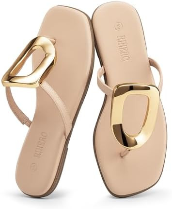 Rihero Flip Flops for Women Comfortable Square Toe Flat Sandals Slip On Summer Beach Slide Sandal... | Amazon (US)