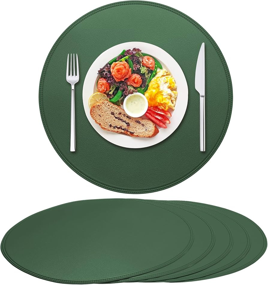 Round Vinyl Green Placemats Set of 6, Faux Leather Waterproof Wipeable Heat Resistant Place Mats,... | Amazon (US)