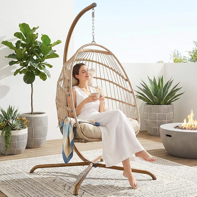 Hanging Egg Chair with Stand Indoor Outdoor, Comfy Patio Rattan Swing Hammock Chairs with Cushion... | Amazon (US)