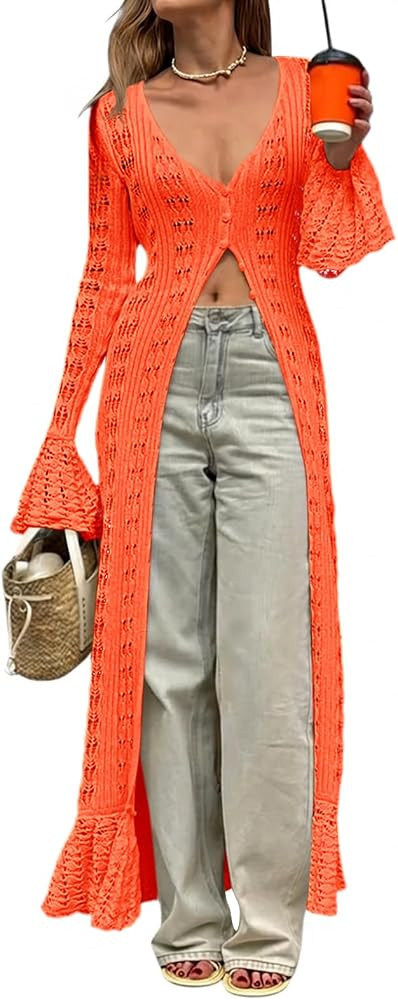 Saodimallsu Womens Crochet Long Cardigans Duster Button Up Bell Long Sleeve Ruffle 2026 Summer Bo... | Amazon (US)