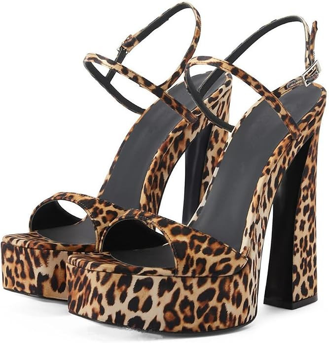 Onlymaker Women's Platform Chunky High Heel Sandals Square Toe Ankle Strap Leopard Heels | Amazon (US)