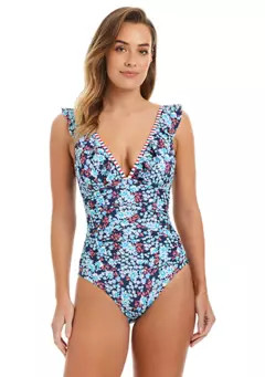Crown & Ivy™ Garden Party Ruffle Neck One Piece Swimsuit | Belk