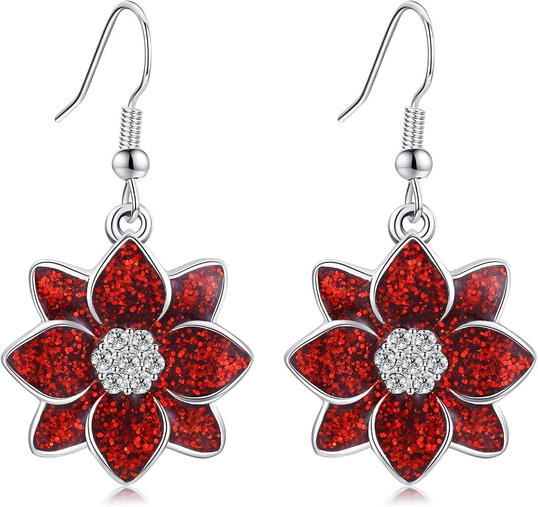 Poinsettia Christmas Flower Dangle Earrings Silver Plated Sparkling Crystal Christmas Earrings Gi... | Amazon (US)