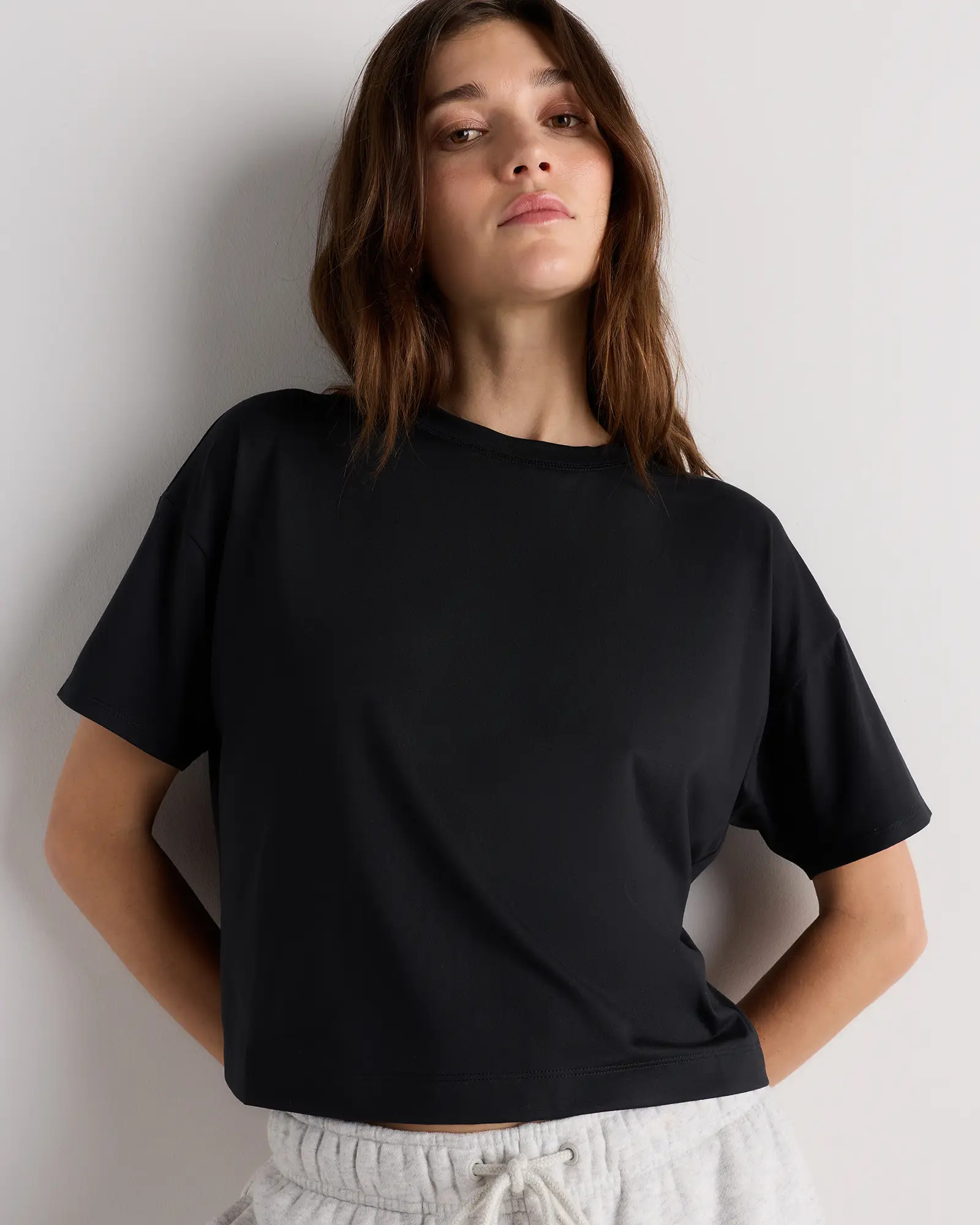 Flowknit Breeze Boxy Cropped Tee in True Black | Quince