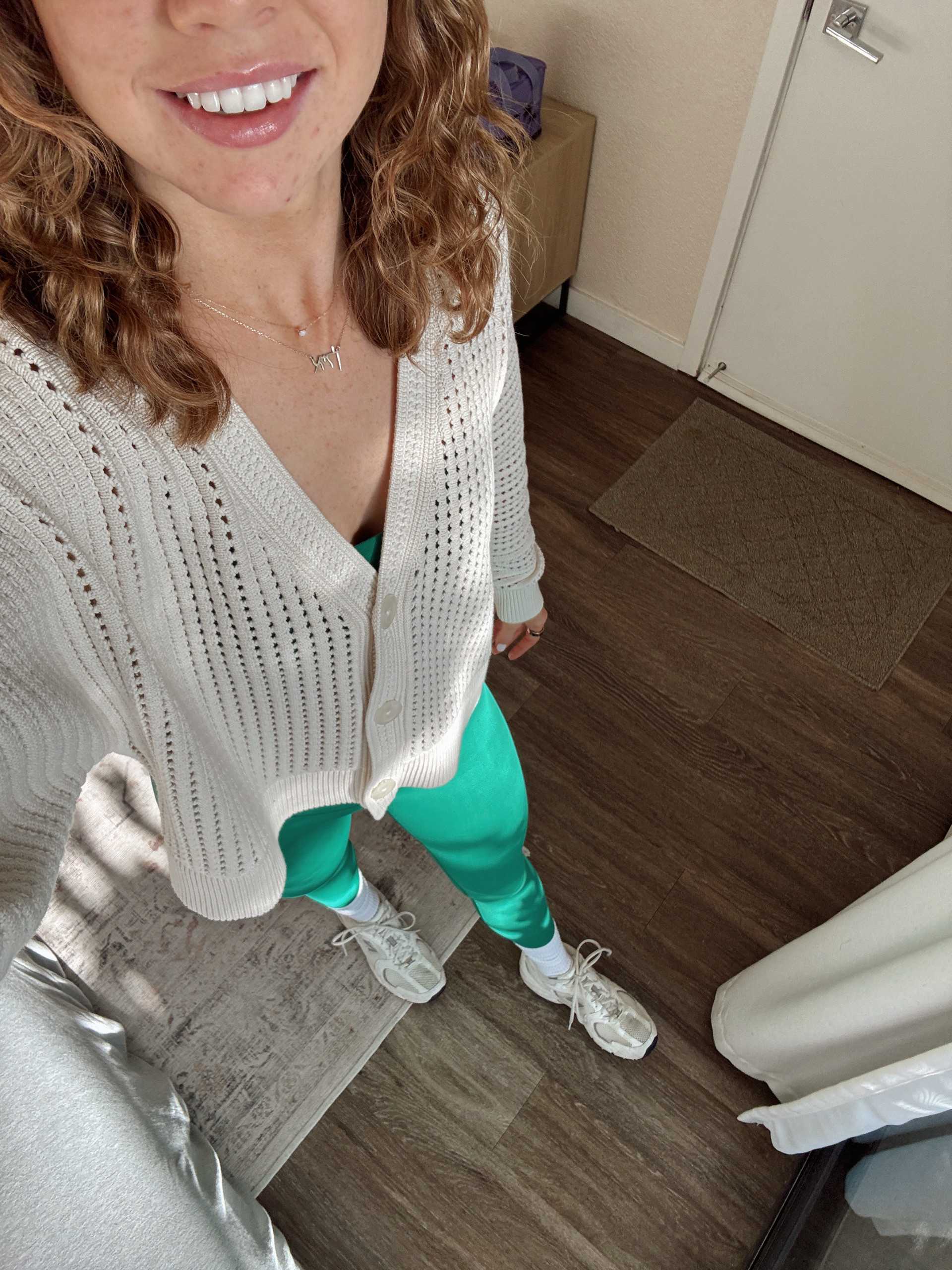 Green lululemon set with cotton crochet cardigan 
color: Raceway Green
Cardigan: S
Leggings: 2
Bra: 4
Shoes: TTS

#LTKActive #LTKShoeCrush