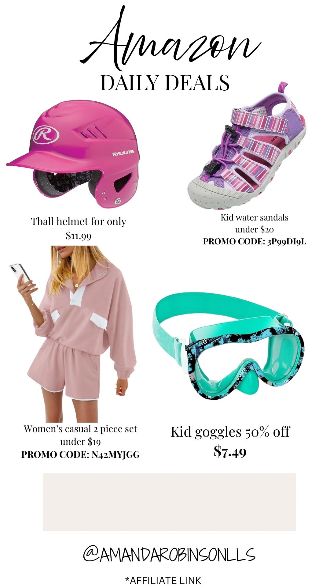 Amazon Daily Deals
Tball helmet
Kids water sandals 
Women’s casual 2 piece set
Kid swim goggles 

#LTKSwim #LTKKids #LTKSaleAlert