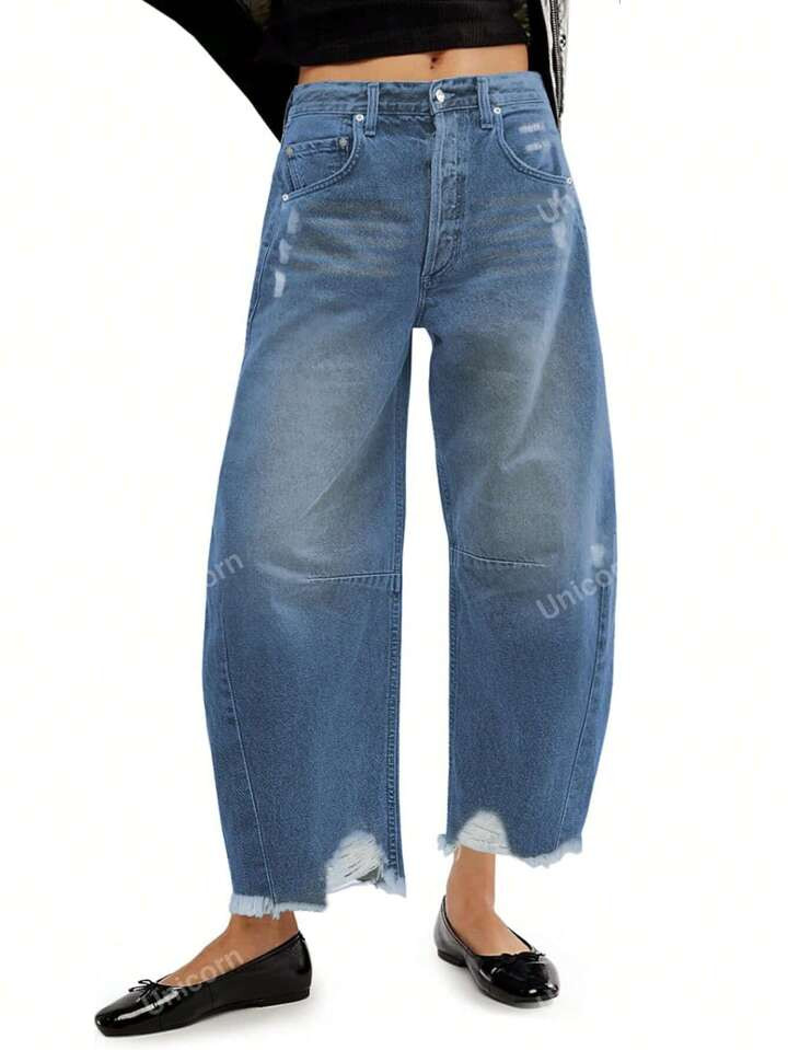 American Casual Slouchy Style Wide-Leg Cropped Jeans With Scissor Cut Design And Banana Style | SHEIN