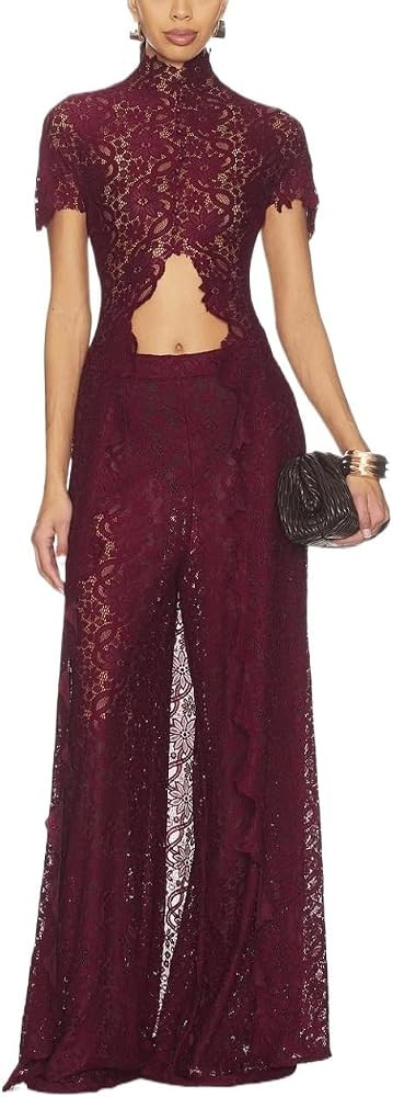 Women's Lace Two Piece Outfit Set, Asymmetrical Button Down Crop Short Sleeve Top & Wide Leg Pant... | Amazon (US)