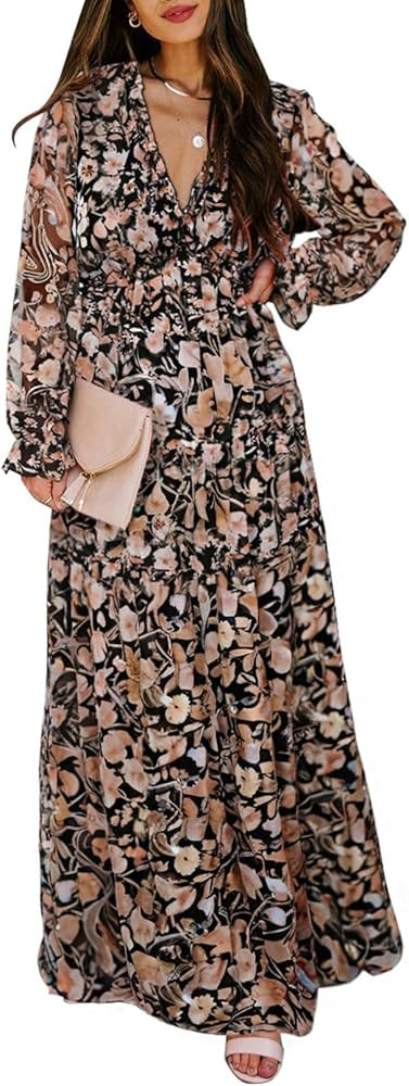 BLENCOT Womens Casual Boho Deep V Neck Short Sleeve Long Dress | Amazon (US)