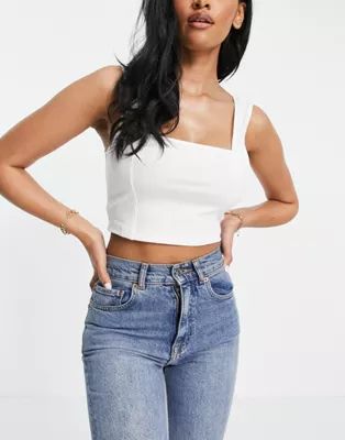 ASOS DESIGN Hourglass organic cotton crop cami with square neck and seam detail in white | ASOS (Global)