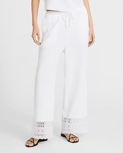 High Waisted Gauze Lace Hem Pull On Wide Leg Ankle Pant | Express