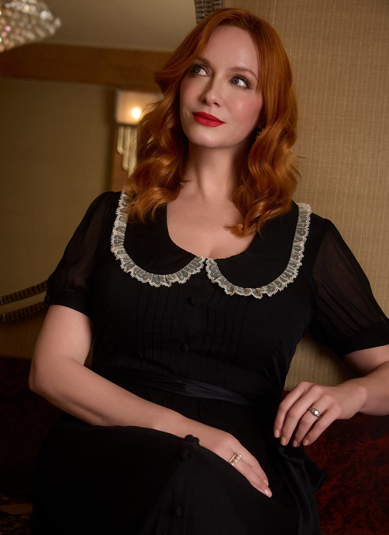 Christina Hendricks X Joanie - Peony Black Chiffon Peter Pan Collar Midi Dress | Joanie