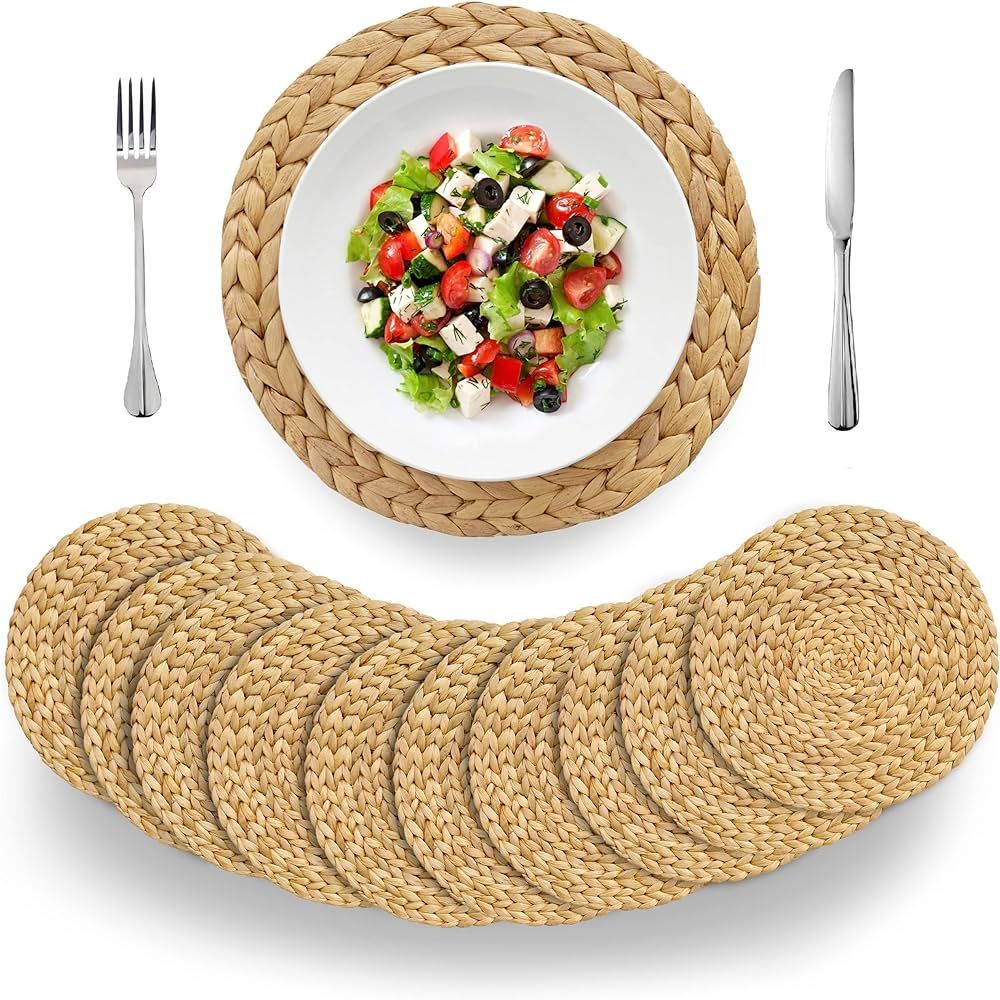 (4 Sizes: 12"-13"-14"-15") BARIEN Woven Placemats Round Set of 10, Natural Water Hyacinth Weave P... | Amazon (US)