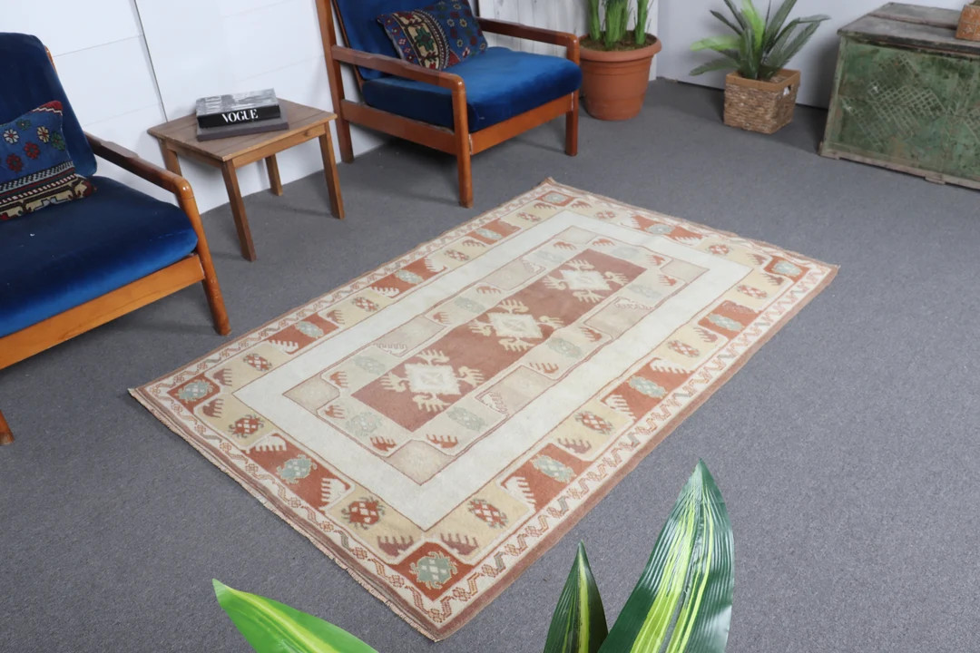 Accent Rugs Vintage Turkish Antique Anatolian for Bedroom 4x5.8 Ft Beige Home Decor Aztec Turkey ... | Etsy (US)