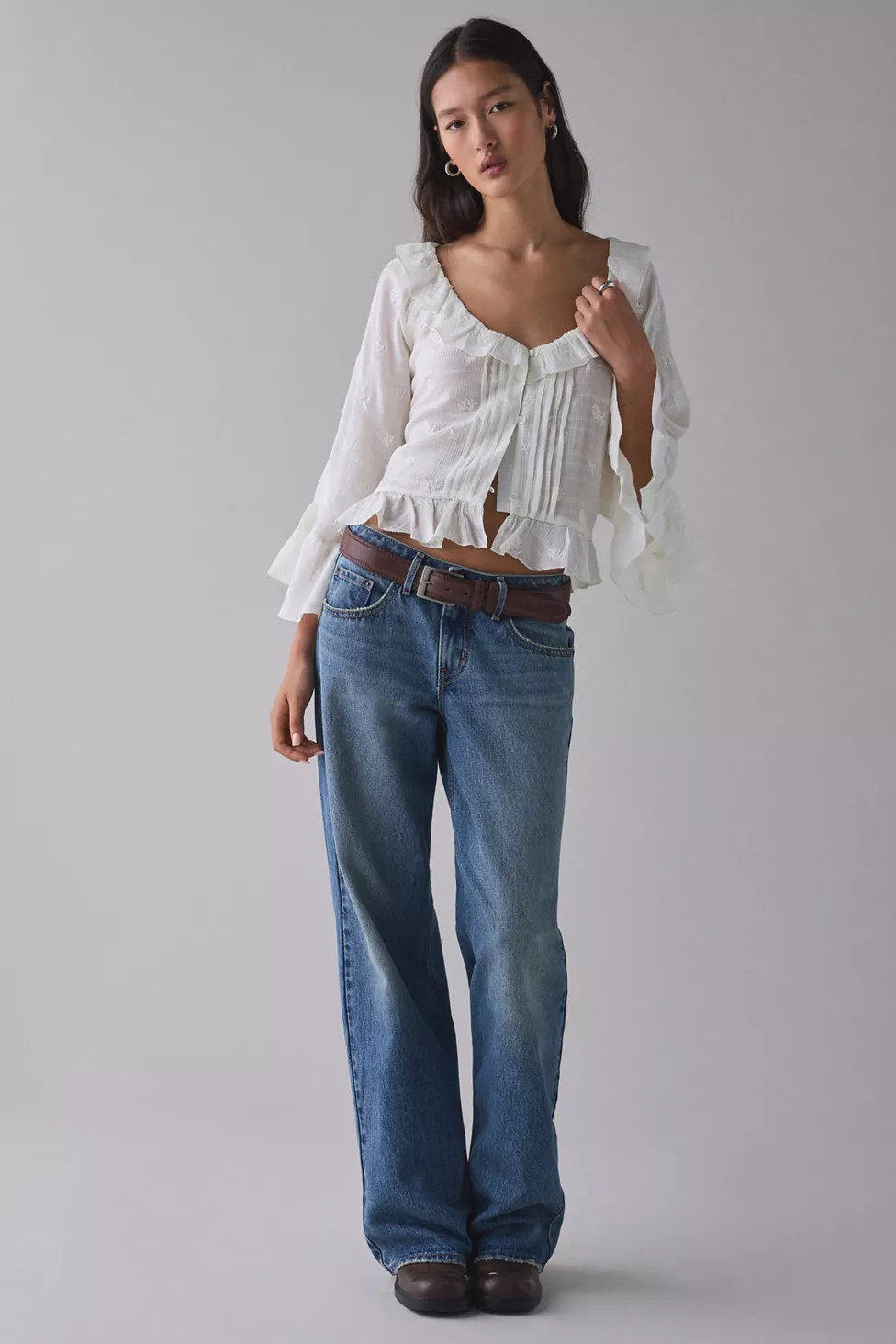 Kimchi Blue Joni Embroidered 3/4 Sleeve Ruffle Blouse | Urban Outfitters (US and RoW)