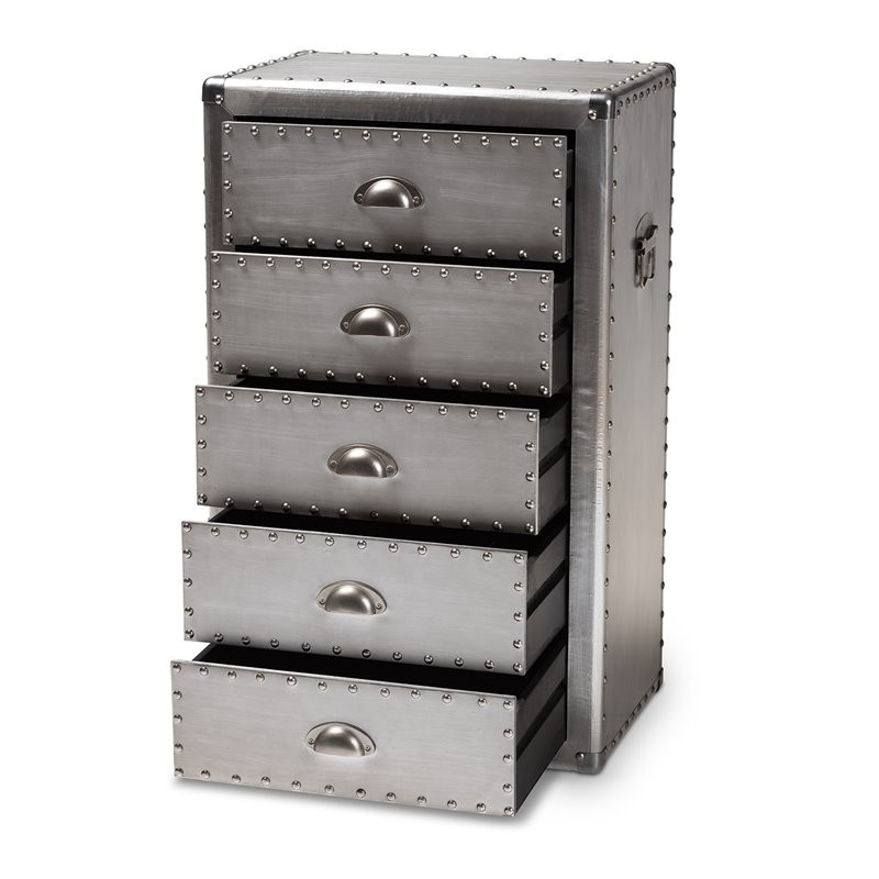 Baxton Studio Davet Mid-Century 5-Drawer Metal Accent Chest in Silver | Homesquare