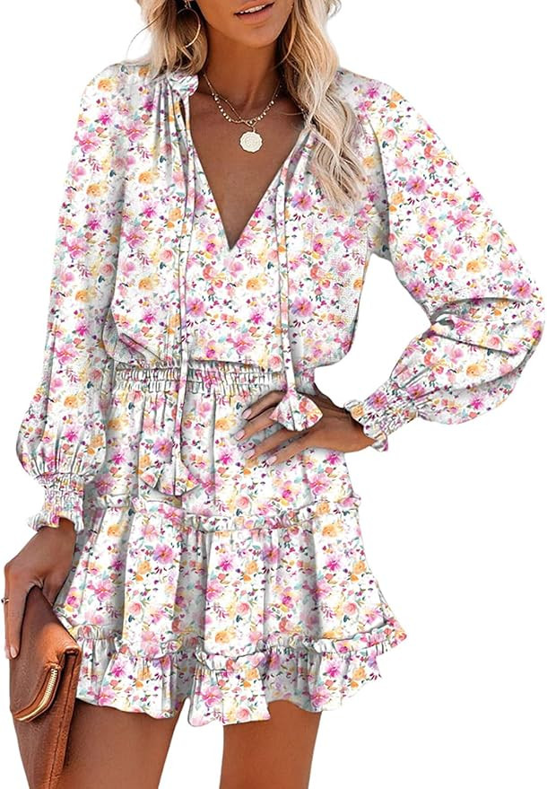 Dokotoo Spring Dresses for 2025 Boho Floral Drawstring V Neck Smocked Long Sleeve Ruffle Tiered C... | Amazon (US)