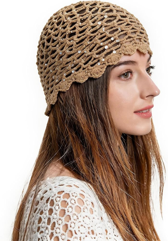 ZLYC Women Crochet Beanie Handmade Knit Flower Shiny Summer Vintage Skull Hat | Amazon (US)
