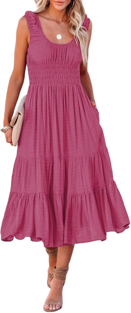 AlvaQ Women Summer Dresses Sleeveless Smocked Midi Dress High Waist Casual Tiered A Line Sundress... | Amazon (US)