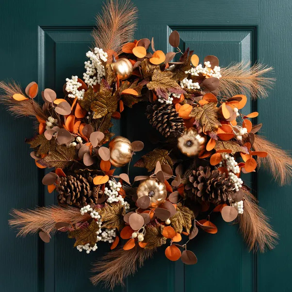 Artificial Brown & Gold Pumpkin Wreath | Dunelm