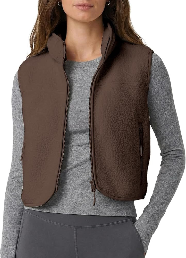 Cropped Fleece Vest Women Sleeveless Stand Collar Zip Up Sherpa Jacket Fall Winter Warm Coats Out... | Amazon (US)