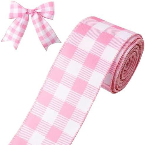 Pink and White Gingham Ribbon Spring Wired Ribbon 2.5 Inch Pink Buffalo Plaid Checkered Ribbon 10... | Amazon (US)