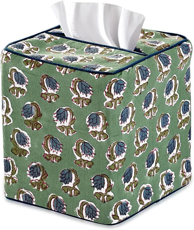 Ridhi Basil Green Block Print Tissue Box Cover Handmade Cotton Fabric Decorative Square Napkin Ho... | Amazon (US)
