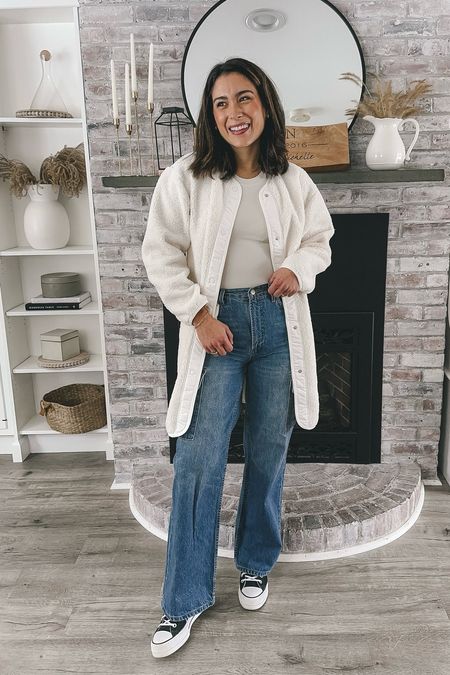 Sharing 30 days of mom outfit ideas you’ll actually want to wear! You definitely don’t have to be a mom to wear them! Just love an elevated casual look. 🤍The fit of these @aritzia cargo jeans. 👌🏼👌🏼👌🏼

SIZING AND COLOR INFO:
• Wearing a small in the Sherpa Long Liner Jacket. It is oversized. Color is Light Birch
• Wearing a medium in the Sinch Smooth Willow T-Shirt. Size up for a longer fit. Color is Birch. 
• Wearing my regular size in The Farrah Hi-Rise Cargo Jean. Color is 5 Yrs Kiss N Tell Bl. 

The perfect mom outfit, mom outfit idea, casual outfit idea, jeans outfit, winter outfit, style over 30, aritzia outfit, converse outfit

#momoutfit #momoutfits #dailyoutfits #dailyoutfitinspo #whattoweartoday #casualoutfitsdaily #momstyleinspo #styleover30 #aritzia #aritziastyle 

#LTKSeasonal #LTKfindsunder100 #LTKstyletip