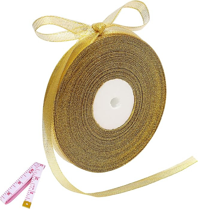 50 Yards Gold Glitter Ribbon 3/8 Inch, Sparkly Thin Solid Fabric Ribbon for Gift Wrapping, Crafts... | Amazon (US)
