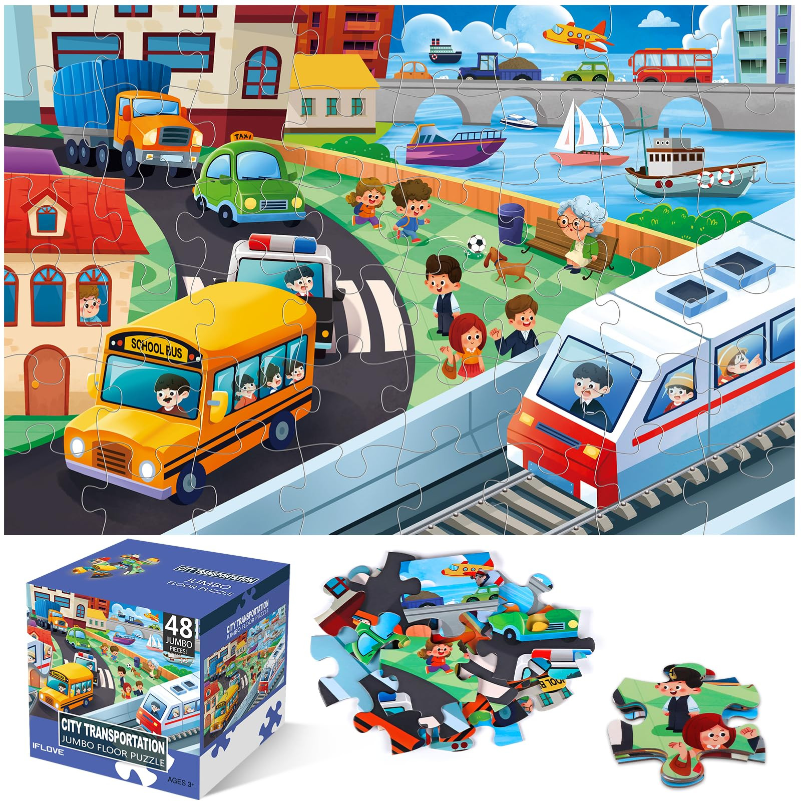 Jumbo Floor Puzzle for Kids,City Transportation Jigsaw Large Puzzles,48 Piece City Life Vehicle P... | Amazon (US)