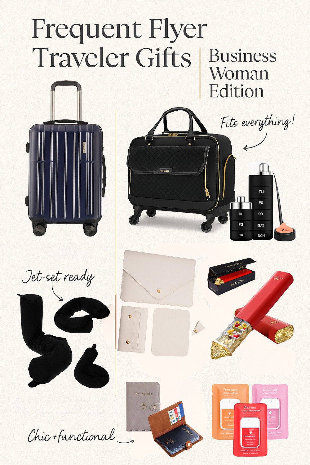 ✈️ FREQUENT FLYER GIFTS FOR THE BUSINESS WOMAN

Practical, chic, and perfect for the girl who’s always on the move:

🧳 Rolling Laptop Briefcase Bag – Fits bigger laptops + keeps everything organized
💻 Laptop Sleeve & Pouch – Sleek protection for smaller devices
💨 Handheld Turbo Fan – A lifesaver in airports + stuffy planes
💤 Travel Pillow – Comfort > everything
💊 Pill Case #1 & #2 – Compact, aesthetic, travel-friendly
📘 Passport Holder – Keeps essentials cute + secure
🧴 Hand Sanitizer (Clutch Size) – Perfect for tiny bags
🧼 Hand Sanitizer (Bigger Size) – I keep one in every bag
🎒 Cute Carry-On – Lightweight, stylish, and TSA-approved 

 #LTKCyberWeek #LTKGiftGuide #LTKWorkwear