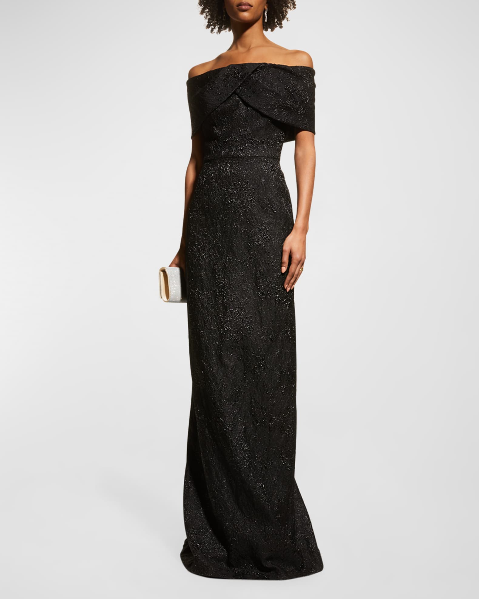 Off-Shoulder Jacquard Column Gown | Neiman Marcus