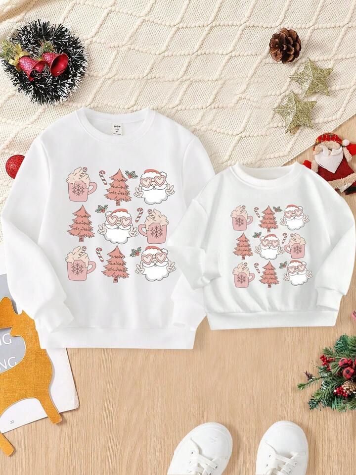 Girls' Fun And Cute Christmas Themed Printed Round Neck Sweatshirt For Autumn And Winter, Sibling... | SHEIN