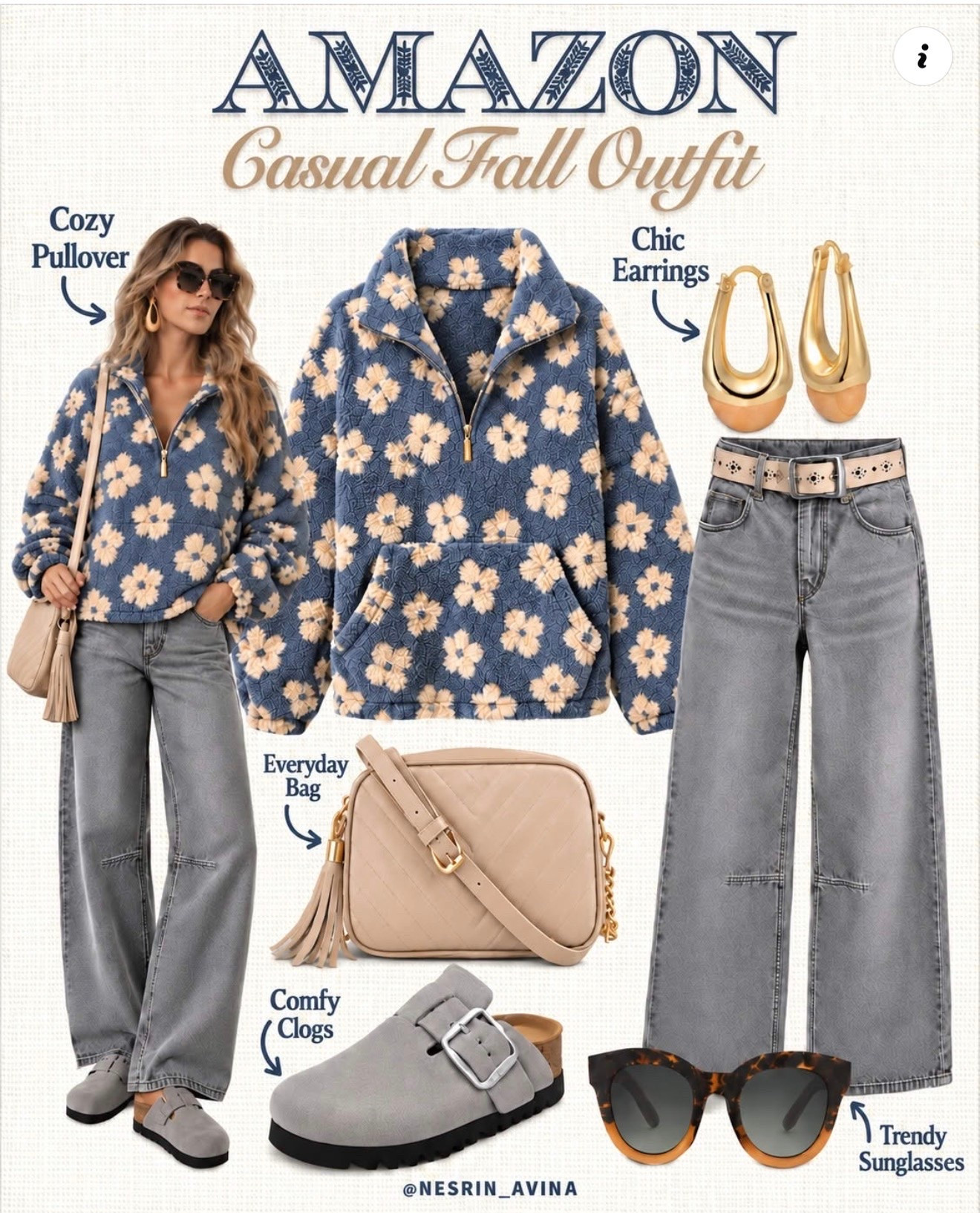 Fall outfit.  Cozy fleece sweater 
Grey jeans
Denim 
Outfit idea
