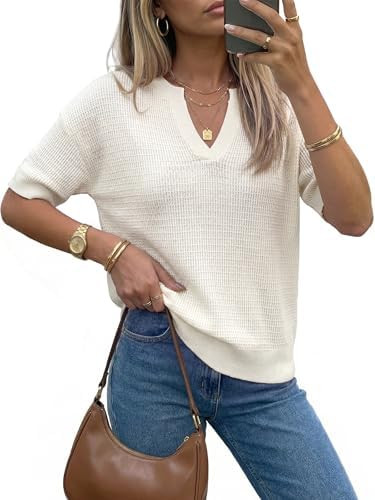 Arach&Cloz Women's 100% Cotton Polo V Neck Striped Short Sleeve Spring Casual Pullover Sweaters 2... | Amazon (US)