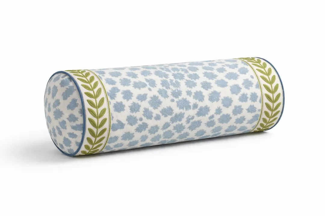 Blue Leopard Round Bolster Cover Pillow with Laurel Trim | Custom Decorative Bolster | Designer A... | Etsy (US)