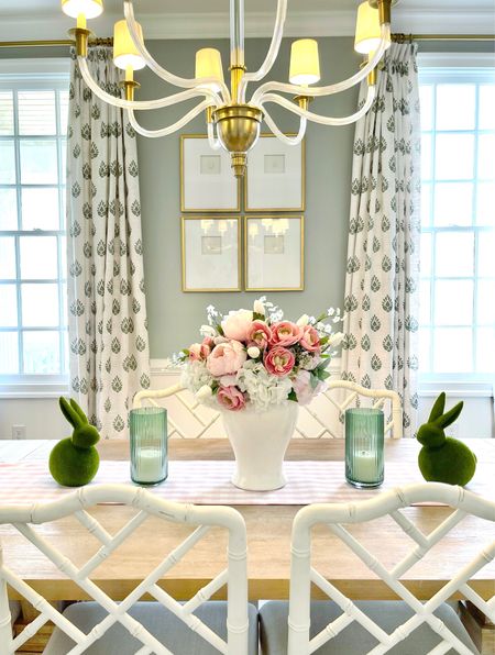 Dining room, custom curtains drapes bunny tablescape Easter decor green decor chandelier 

#LTKunder50 #LTKFind #LTKhome