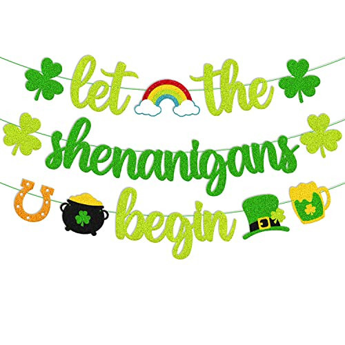 St. Patrick's Day Banner Let the Shenanigans Begin Banner Irish Day Party Decoration Green Clover Shamrock Garland Lucky Themed Birthday Bachelorette Party Celebration Supplies | Amazon (US)