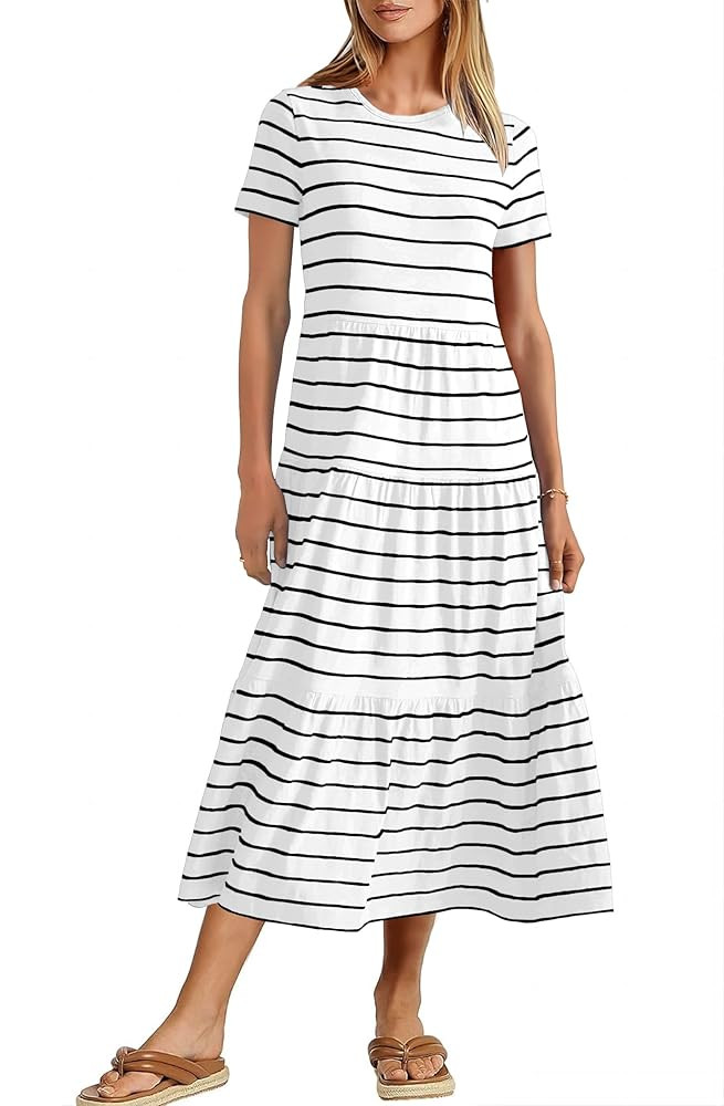MITILLY Women's 2025 Summer Casual Short Sleeve T Shirt Dress Striped Tiered Swing Beach Maxi Dre... | Amazon (US)