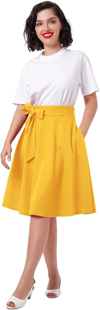 Women's Vintage Flared Skirt 1950s Belted Midi Skirt Solid A-Line Knee Length Skirts with Pockets | Amazon (US)