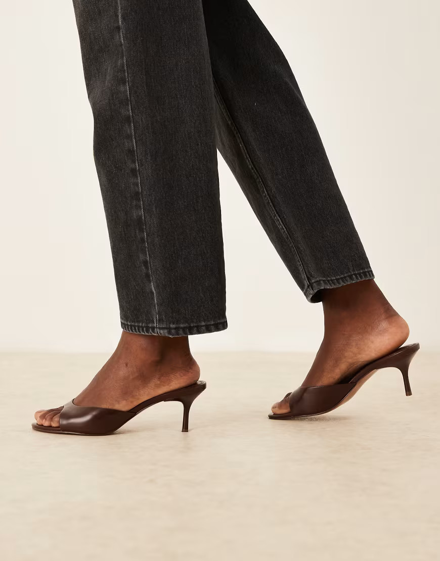 ASOS DESIGN Hush leather mid heeled mules in chocolate-Brown | ASOS (Global)