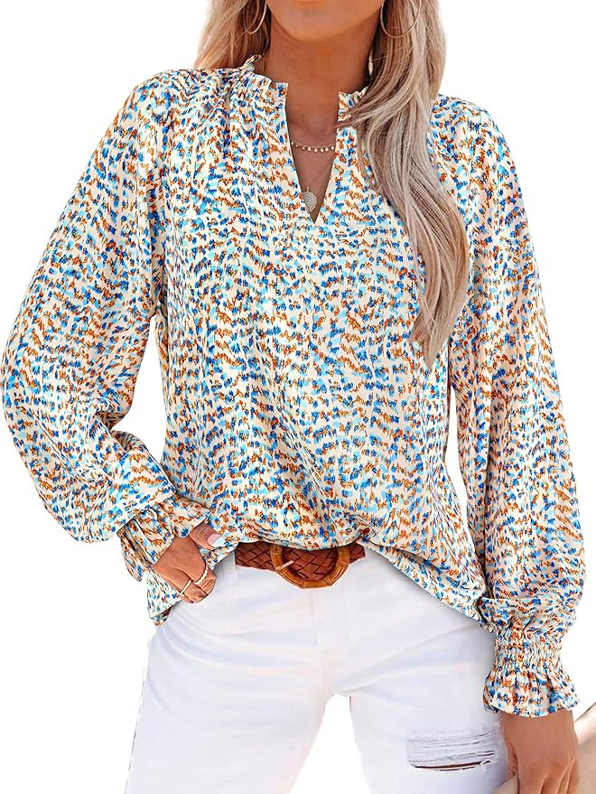 MASCOMODA Womens V Neck Floral Long Sleeve Tops 2026 Summer Casual Loose Puff Sleeve Chiffon Boho... | Amazon (US)