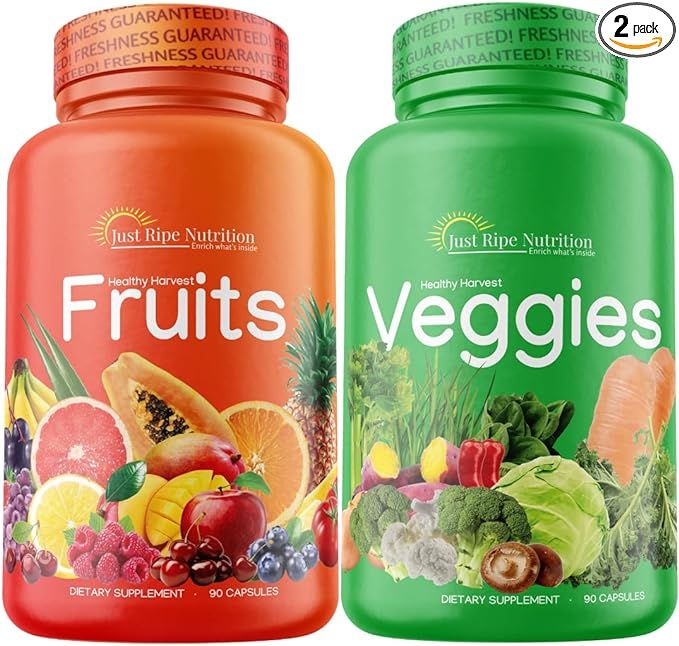 Just Ripe Nutrition Fruits and Veggies Supplement - 90 Fruit and 90 Vegetable Capsules - 100% Who... | Amazon (US)