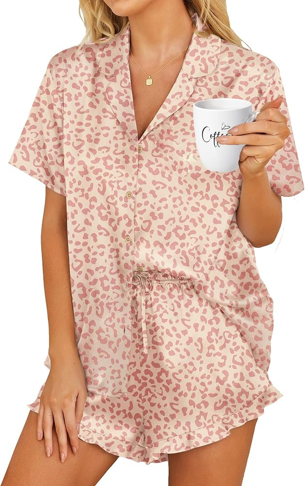 HOTOUCH Womens Satin Pajamas Set Button Down 2 Piece Silk Pjs Shorts Set Ruffle Lingerie Notch Co... | Amazon (US)
