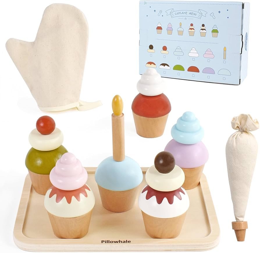 Wooden Cupcakes Toy,Kids Kitchen Playset,Pretend Play Food with Menu,Birthday Cake Toy for Toddle... | Amazon (US)