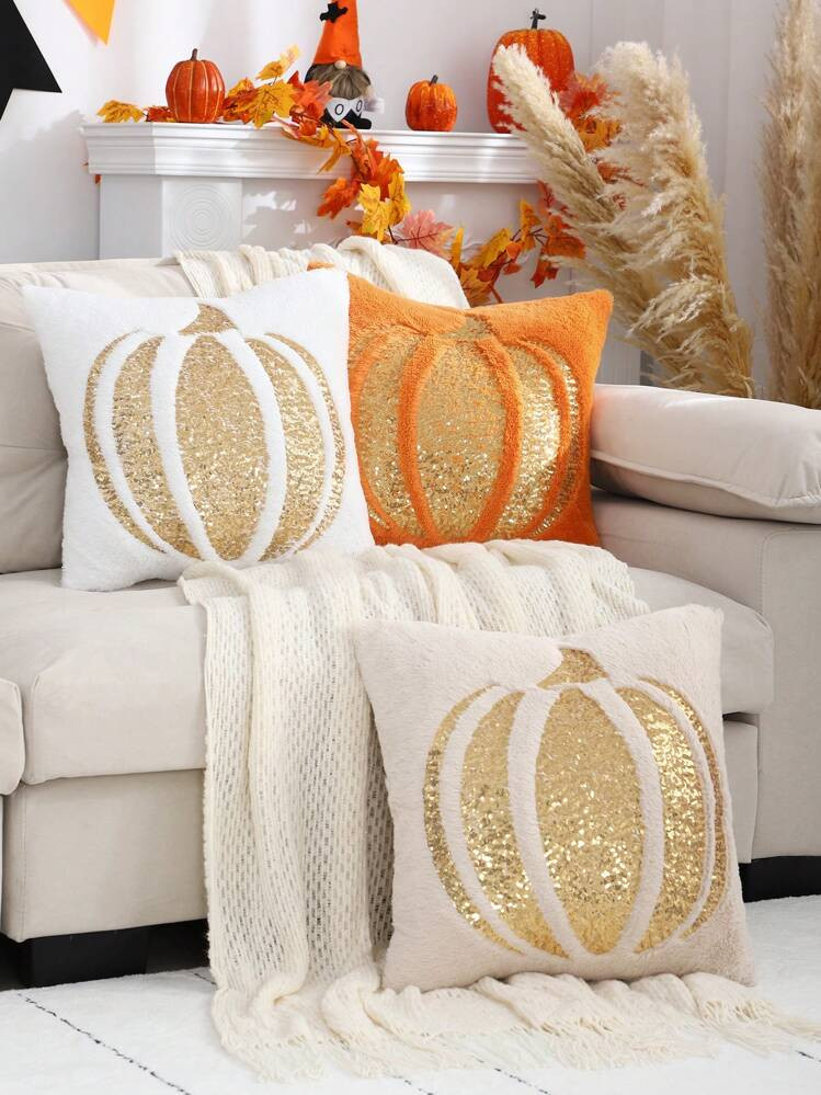 1 st Halloween Pompoen Paillettenborduurwerk Decoratie Pluche Kussensloop | SHEIN