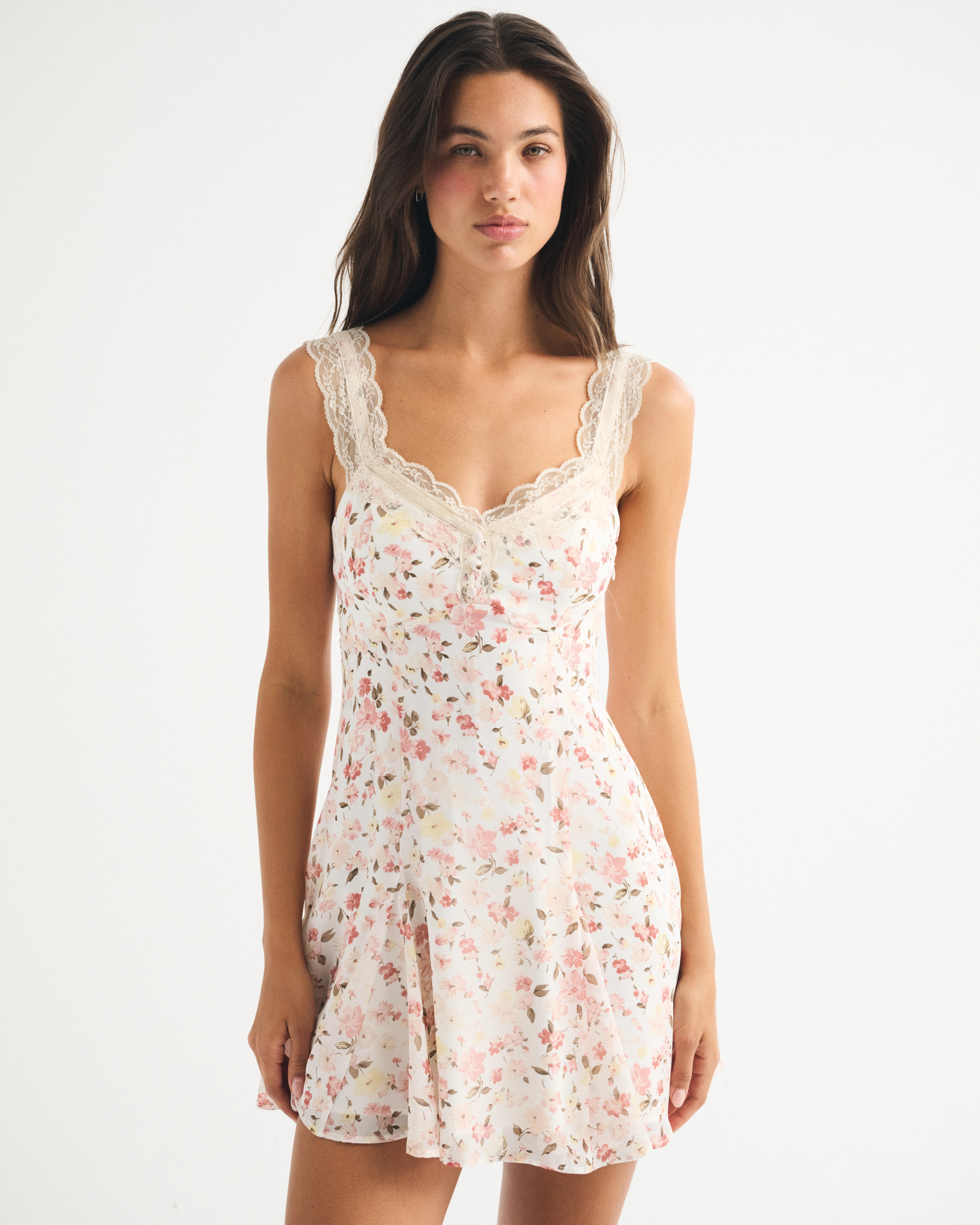 Bra-Free Lace-Trim Button-Through Mini Dress | Abercrombie & Fitch (US)