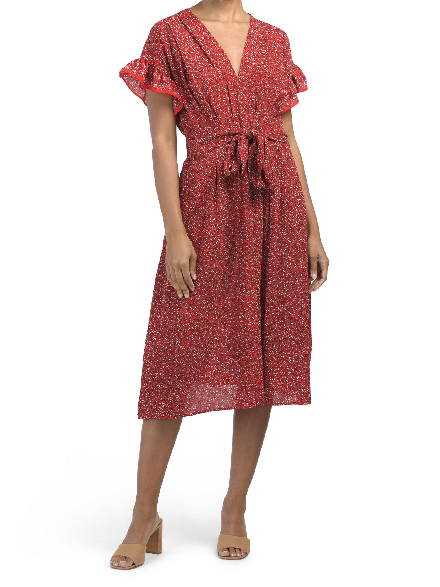 Crepe Ruffle Tie Front Midi Dress | Day Dresses | Marshalls | Marshalls